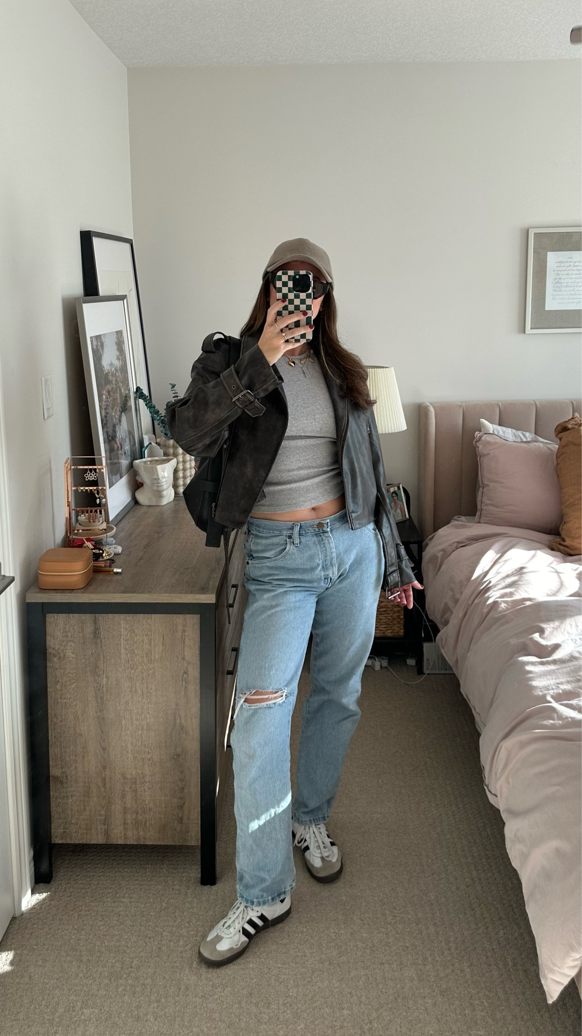 fall outfits, fall outfit ideas, casual fall outfit, brown leather jacket, adidas sambas dupes, mom style, capsule wardrobe styling, simple outfit, fall jeans

#LTKautumn #LTKcanada #LTKstyletip