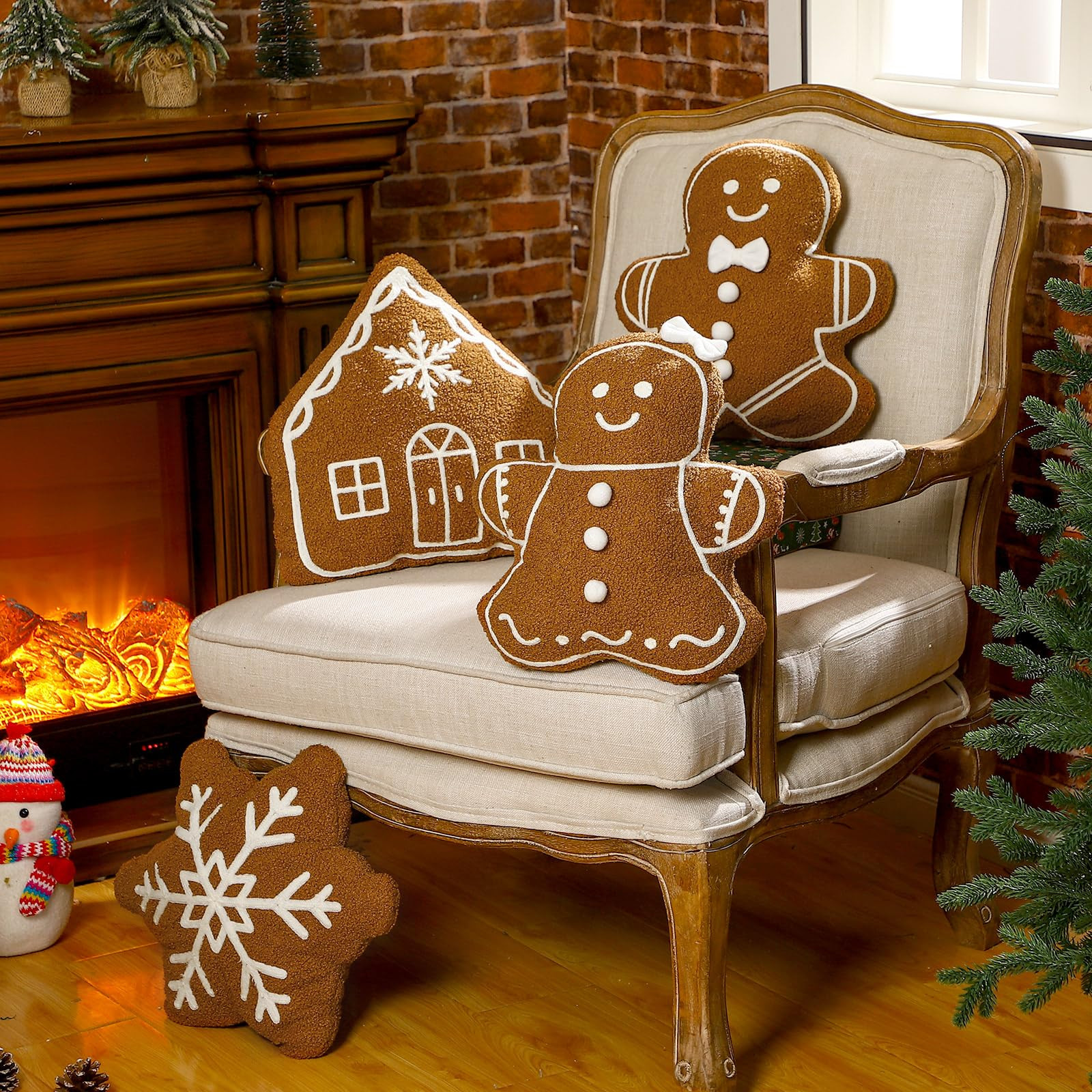 4 Pcs Christmas Throw Pillows Plush Gingerbread Men Gingerbread House Snowflake Shaped Pillow for... | Amazon (US)