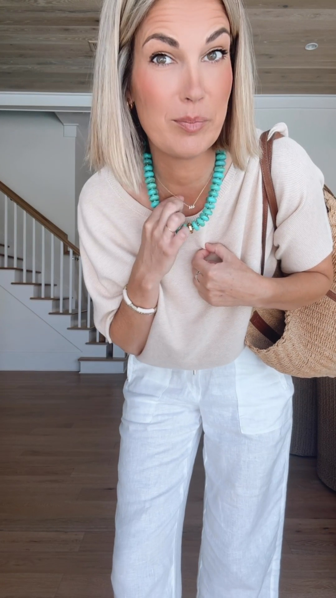 Beaded necklaces layered with metal necklaces are everywhere this summer!  These are so affordable. I am 5’11” wearing small in the top and Xs tall in the linen pants. Sandals true to size.

#LTKootd #LTKSaleAlert #LTKOver40