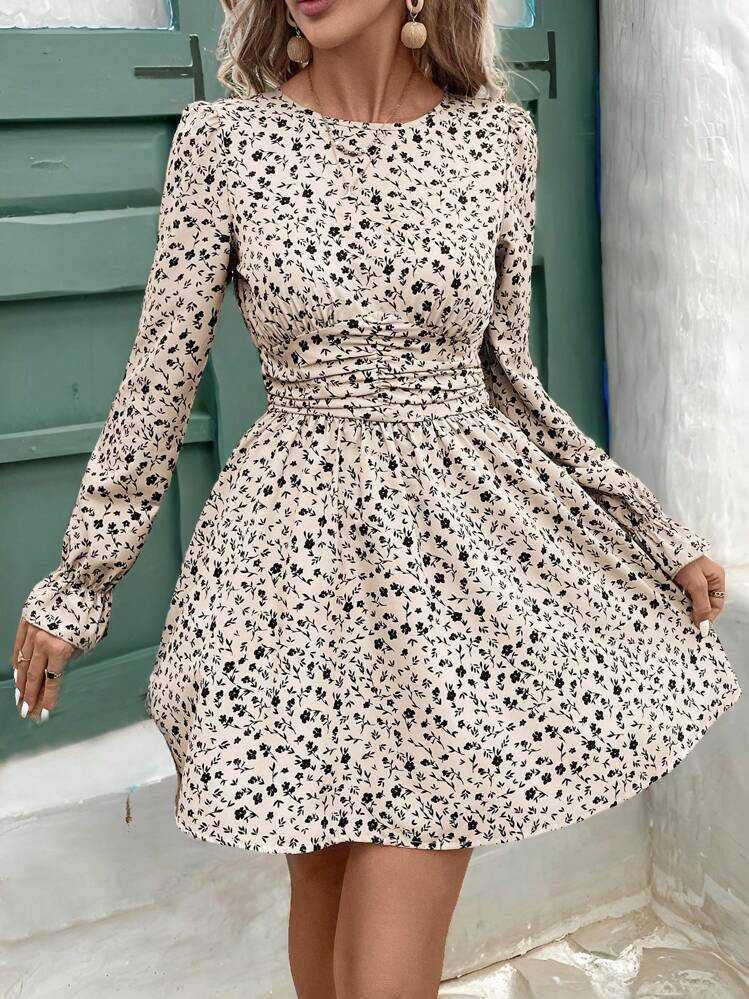 SHEIN Frenchy Women's Floral Print Pleated Round Neck Long Sleeve Dress, Fall Dresses, Teacher Cl... | SHEIN