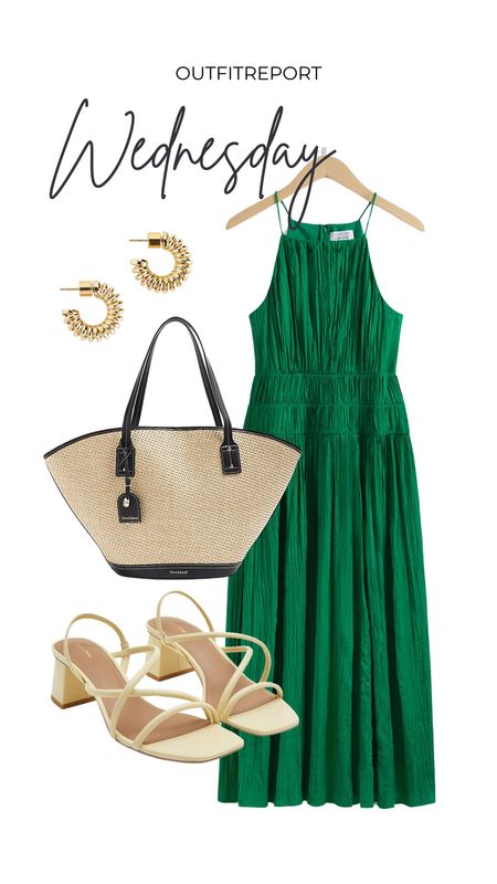Green maxi dress straw tote handbag yellow sandals gold earrings 

#LTKshoes #LTKsummer #LTKstyletip