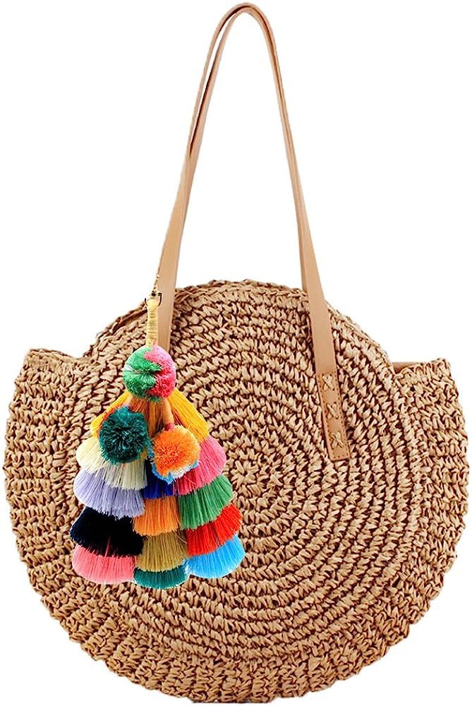 Women Round Straw Pompom Shoulder Bag Corn Summer Woven Bags | Amazon (US)