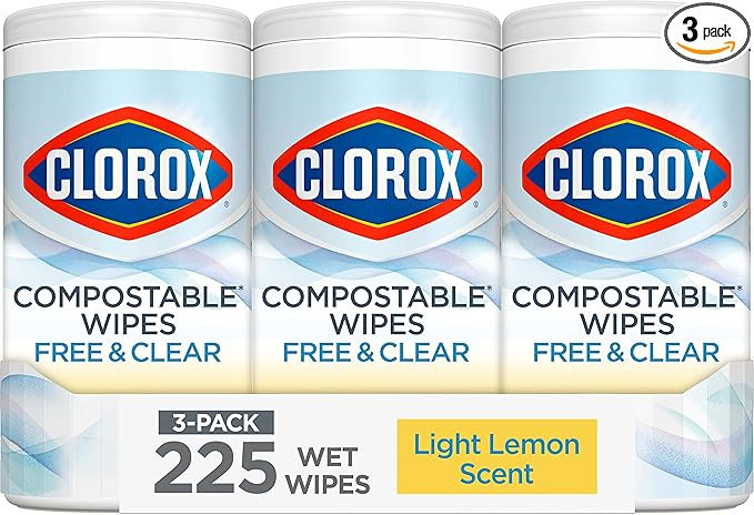 Clorox Free & Clear Compostable Cleaning Wipes, Light Lemon Scent, 75 Count, Pack of 3 (Pack May ... | Amazon (US)