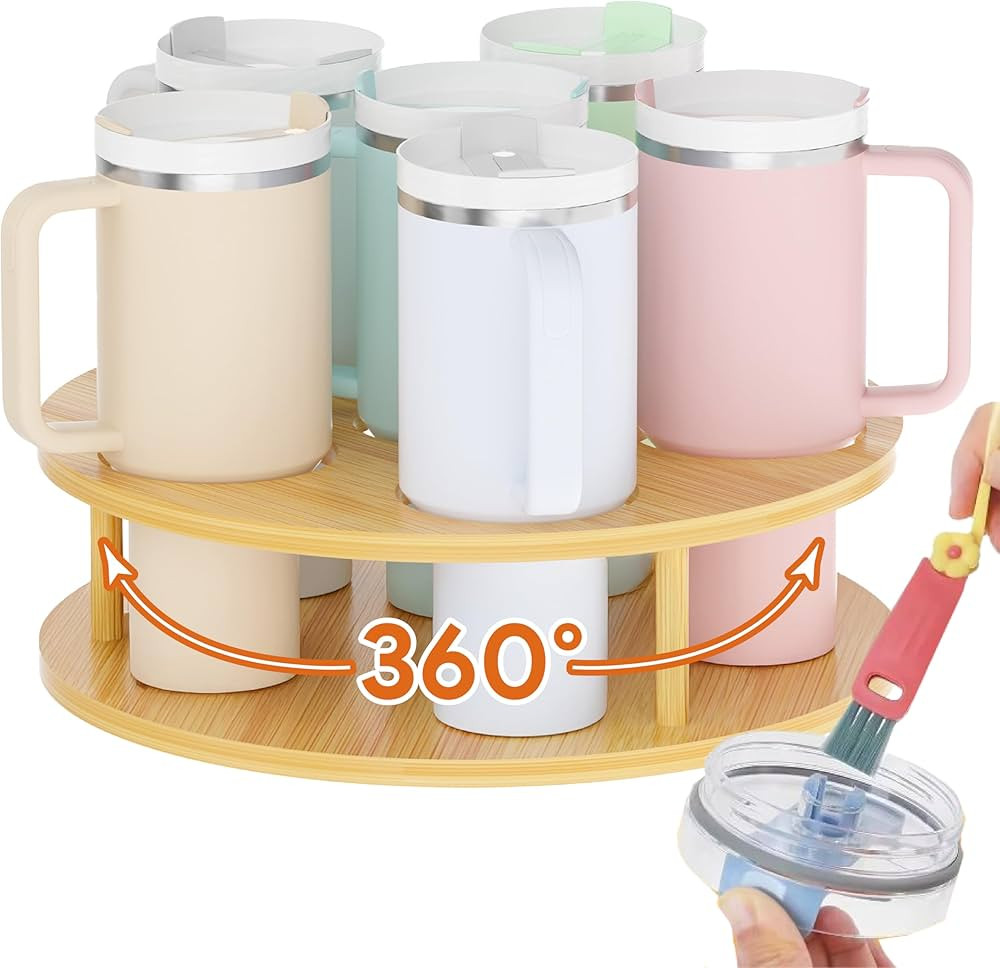 Bamboo 360 Rotating Tumbler Organizer for Stanley, Yeti, Hydroflask & More, with Bottle Brush Cle... | Amazon (US)