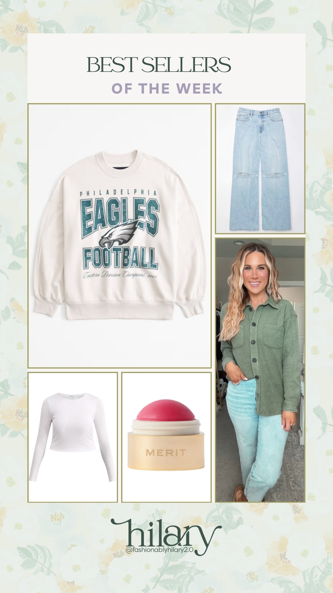 Best sellers of the week: Eagles sweater, ripped draped jeans, cropped white shirt, Merit cream blush, green button-down shirt. 

 #LTKMostLoved #LTKSeasonal #LTKBeauty