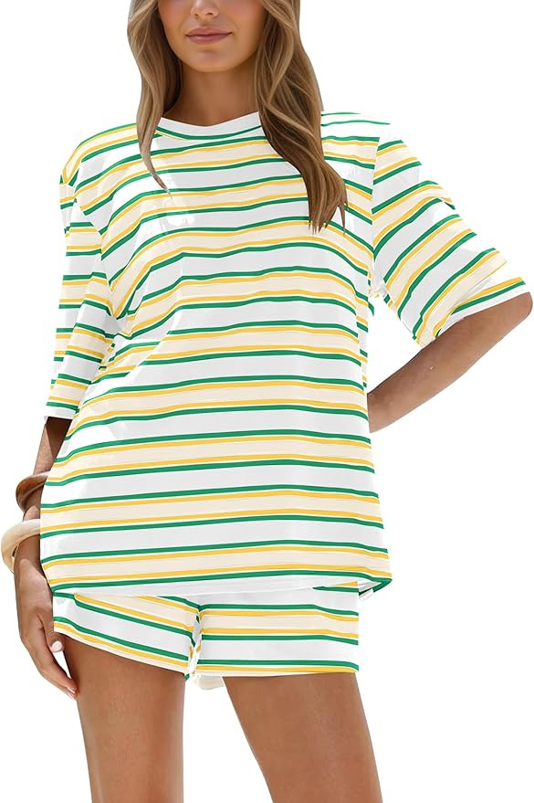 Burtell Summer Striped 2 Piece Short Sets For Women Casual Oversized T Shirts Wide Leg Shorts Mat... | Amazon (US)