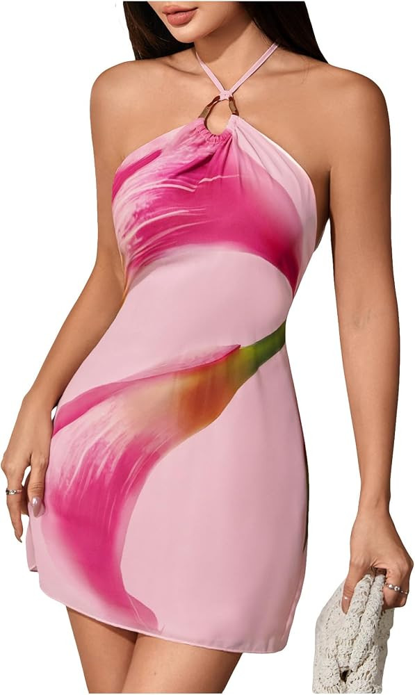 MakeMeChic Women's Floral Halter Backless Cocktail Dress Ring Sleeveless Fall Mini Dresses | Amazon (US)