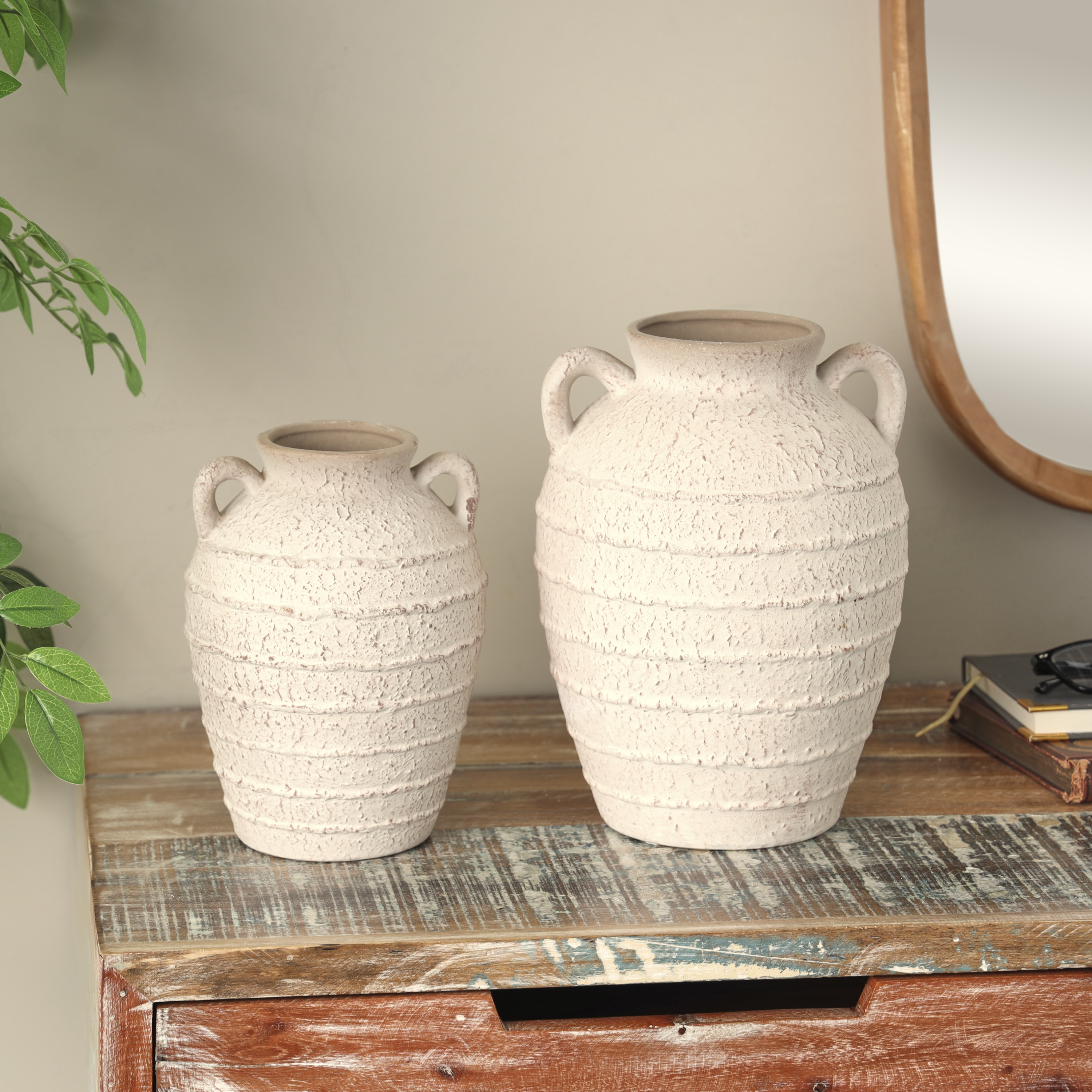 DecMode 11", 9"H Textured Cream Ceramic Vase with Handles and Terracotta Accents, Set of 2 | Walmart (US)