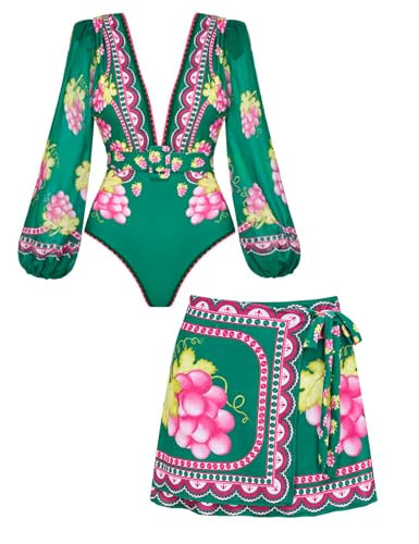 FLAXMAKER Women One Piece Long Sleeve Deep V Neck Grapes Print Long Sleeve Padded Swimsuit Two Piece Swimwear Bathing Suits (US, Alpha, Medium, Regular, Regular, Swimsiut and Short Sarong) | Amazon (US)