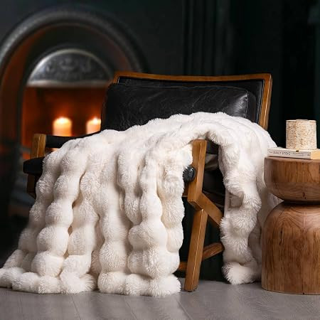 Ruched Bubble Faux Rabbit Fur Throw Blanket, 60"x80", Beige | Amazon (US)