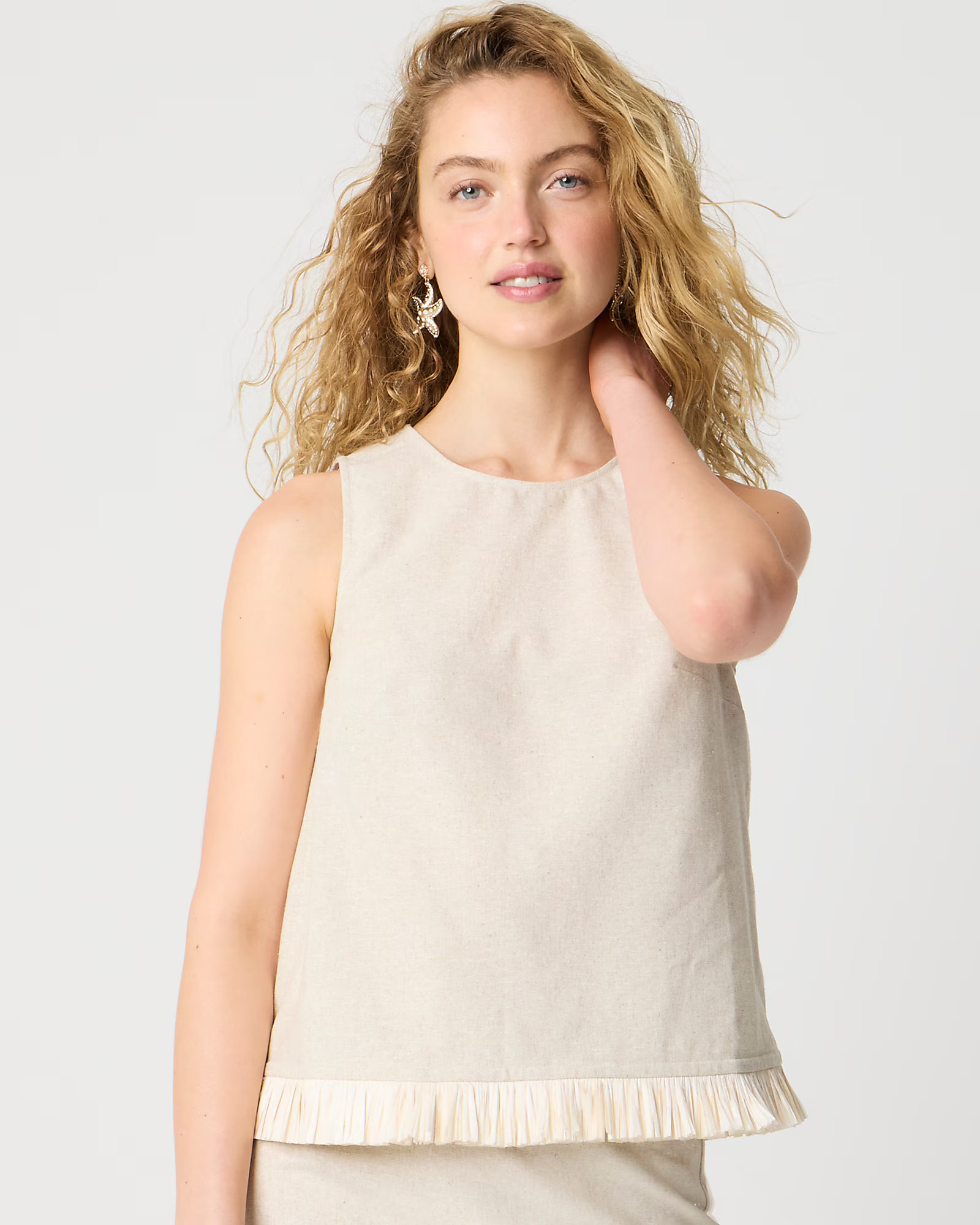Straw-trim linen-blend shell | J.Crew Factory