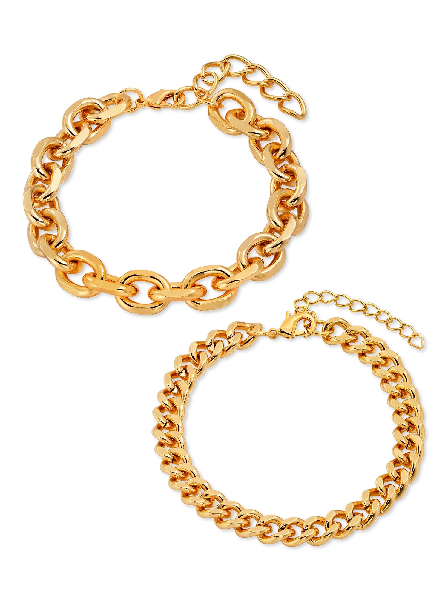 Scoop Womens Brass Yellow Gold-Plated Oval Link and Curb Chain Bracelets, 2-Piece Set | Walmart (US)