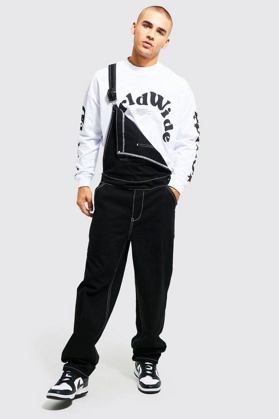 Relaxed Fit Contrast Stitch Long Dungaree | boohooMAN (DE, IE & UK)