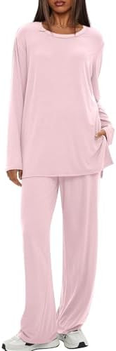 Darong Women's 2 Piece Lounge Set Casual Long Sleeve Crew Neck Tops Wide Leg Pants Travel Airport... | Amazon (US)
