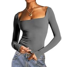 Dwnval Women's Sexy Long Sleeve Crop Top Square Neck Double Lined Basic Slim Fit T Shirt | Amazon (US)