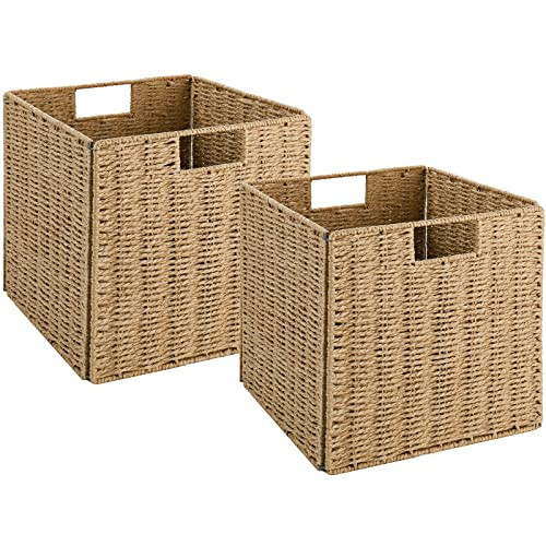 Vagusicc Wicker Baskets, Set of 2 Hand-Woven Storage Baskets for Shelves with Handles, Foldable Cube Wicker Storage Basket Bins Organizer 13 Inches Large Woven Baskets for Storage Organizing & Decor | Amazon (US)