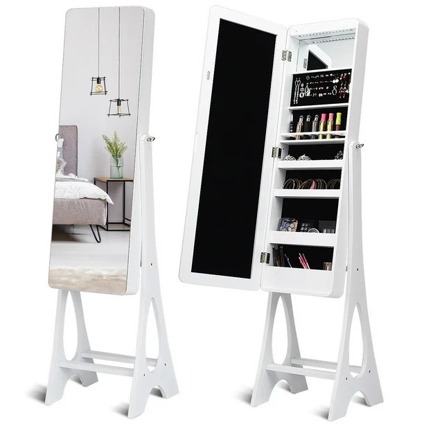 Costway LED Jewelry Cabinet Standing Armoire Organizer w/ Bevel Edge Full Size Mirror | Walmart (US)