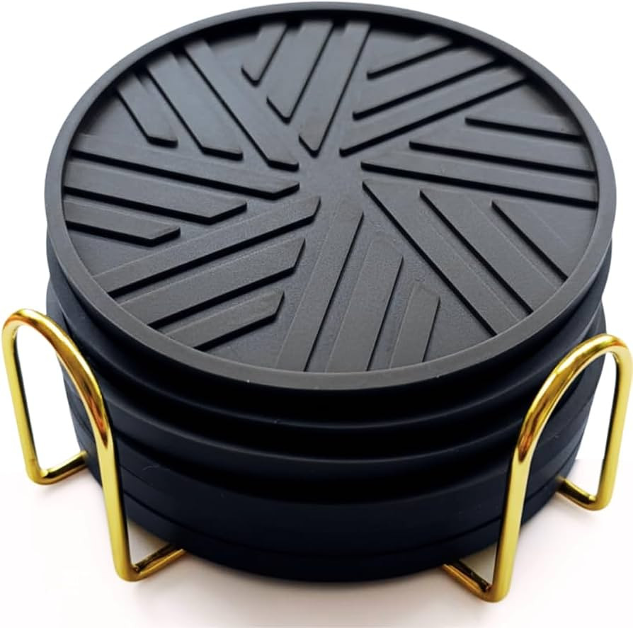 Black Coasters Set of 6 with Gold Holder, Silicone Coffee Mat Style Cup Accessories, Outdoor Coas... | Amazon (US)
