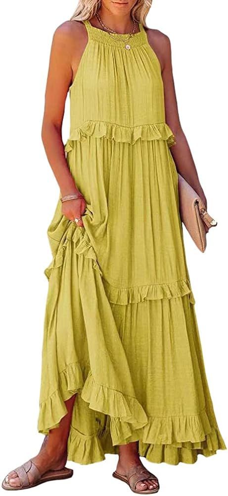 Women's Summer Sleeveless Halter Neck Tiered Dress Flowy Ruffle Layered Pleated Long Beach Maxi D... | Amazon (US)