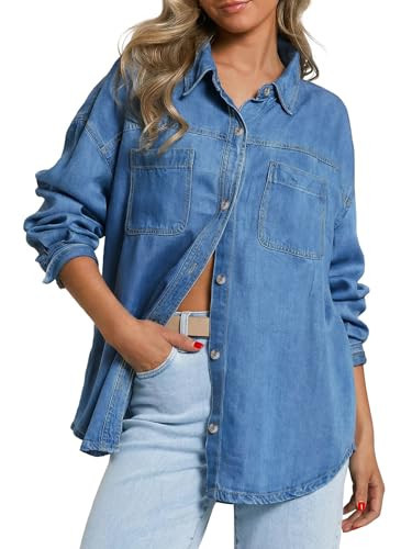 EMMIOL Denim Button Down Shirt For Women - Long Sleeve Cotton Lightweight Shirts With Pockets Casual Work Jean Blouses Tops, Dark Blue, S | Amazon (US)