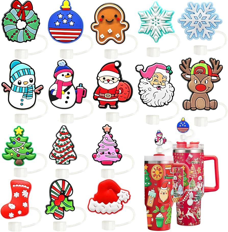 16Pcs Straw Cover, Christmas Straws Topper for Stanley Cup Accessories Santa Claus Christmas Tree... | Amazon (US)