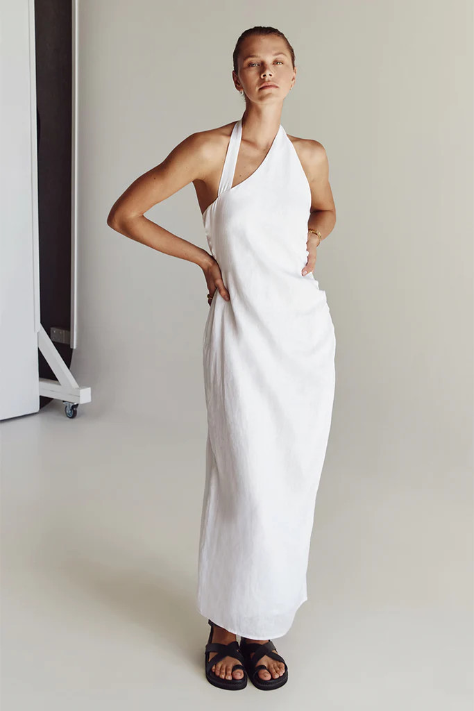 ZOEY WHITE ASYM LINEN MIDI DRESS | DISSH