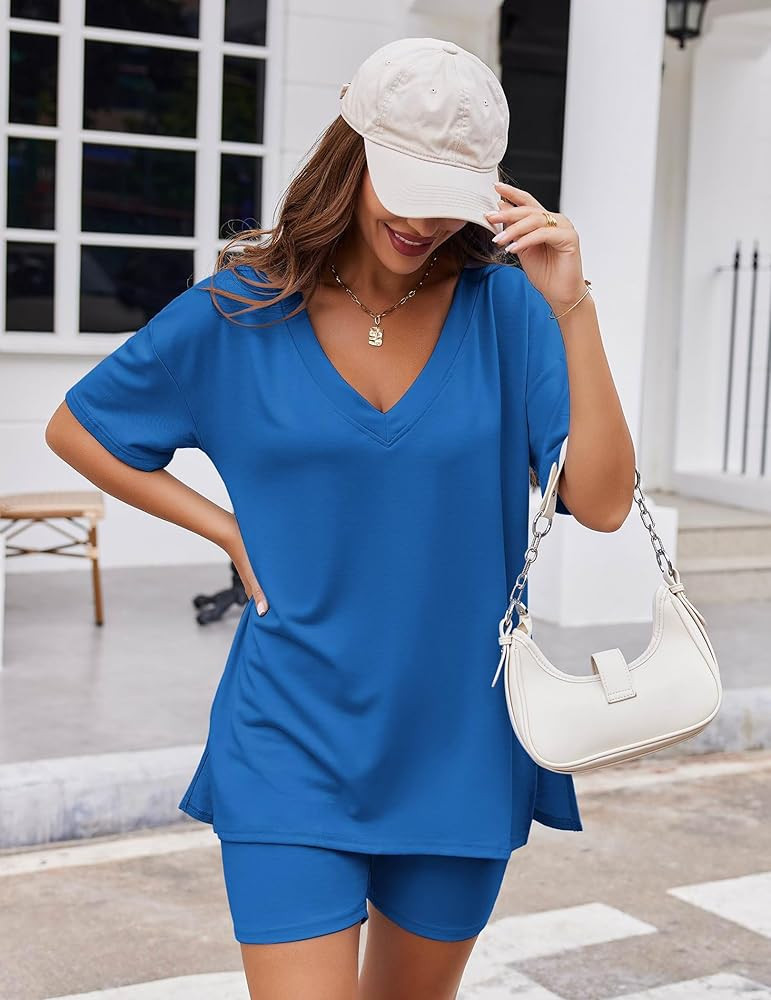 Ekouaer Womens Pajamas 2 Piece Lounge Sets Oversized V Neck T-Shirts Tops Biker Shorts Set Workou... | Amazon (US)