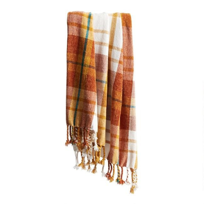 Orange Chenille Plaid Throw Blanket | World Market