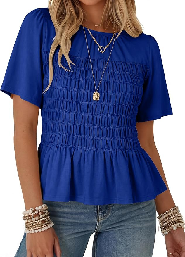 Watashi Women Summer Tops Smocked Elastic Pleated Peplum Ruffle Hem Short Sleeve Babydoll Top Cas... | Amazon (US)