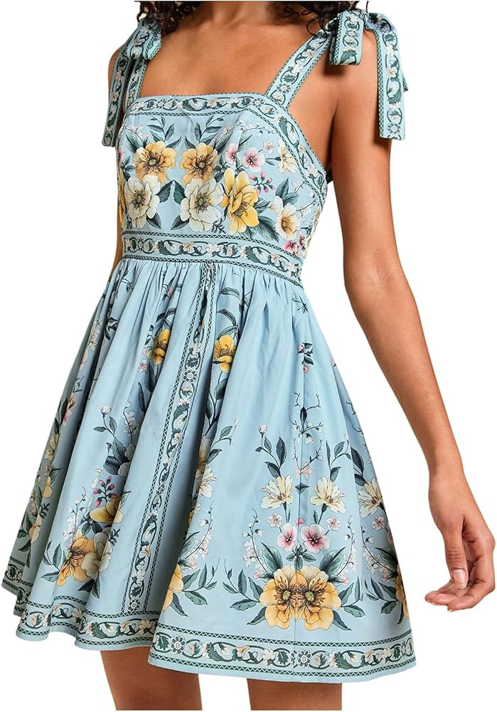 OYOANGLE Women's Boho Dress Floral Tropical Vacation Dress Sleeveless Tie Shoulder Summer Flowy M... | Amazon (US)