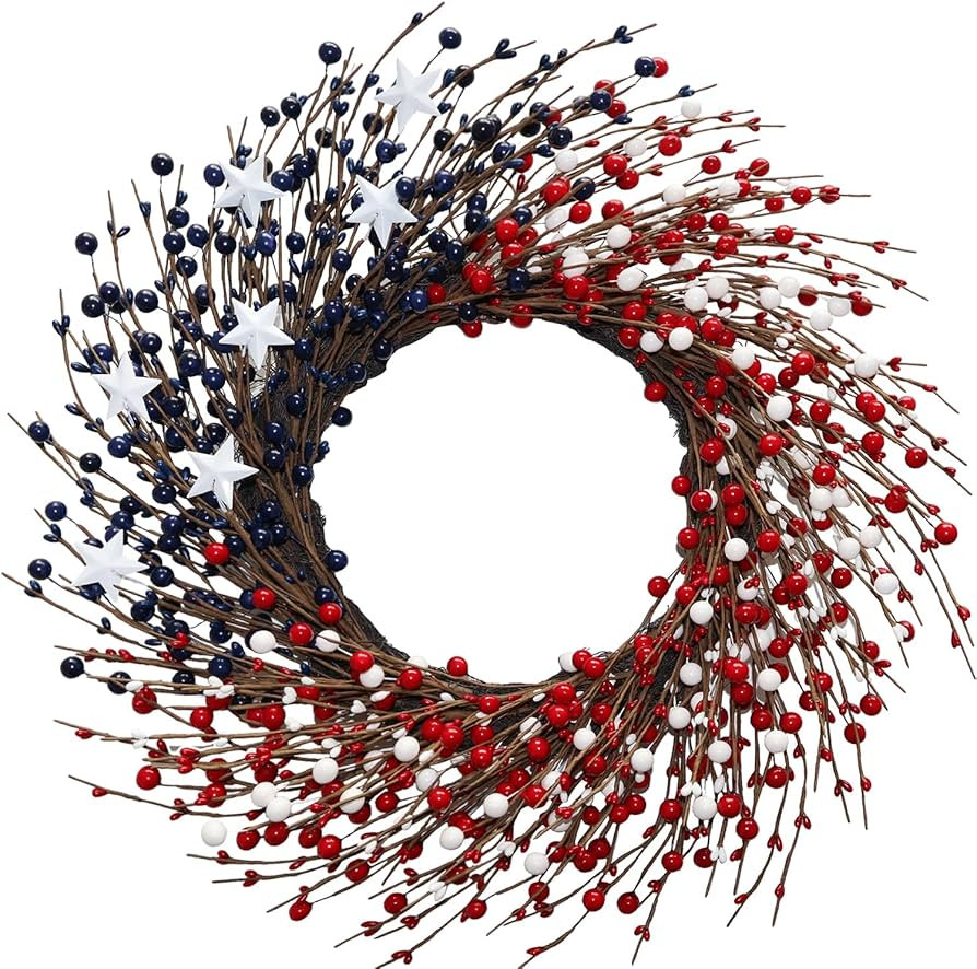 4th of July Wreath - Red White Blue Berry Patriotic Wreaths for Front Door, Memorial & Independen... | Amazon (US)