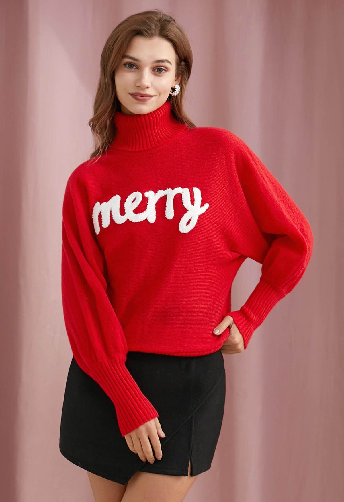 Merry Turtleneck Batwing Sleeve Knit Sweater in Red | Chicwish