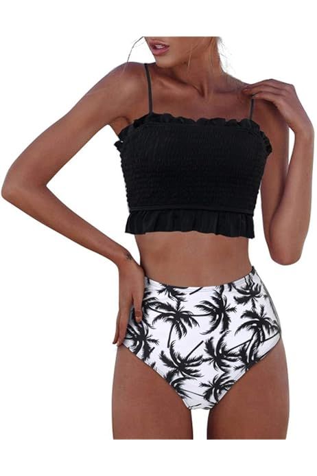 OMKAGI Women's Bandeau Bikini Sets Cute Shirred Swimsuit High Waisted Bathing Suit | Amazon (US)
