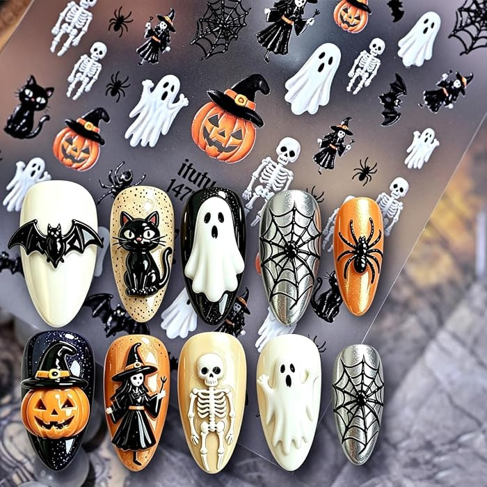 5D Embossed Halloween Nail Stickers, Pumpkin Ghost Skull Nail Decals. | Amazon (US)