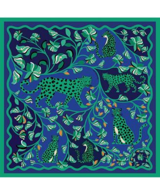 Jessie Zhao New York Double Sided Silk Scarf Of Leopards In The Verdant Wild - Green and blue | Macy's