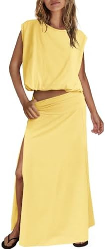 ReachMe Womens Summer Skirt Sets 2 Piece Travel Outfits Sleeveless Going Out Tops Maxi Dress Beac... | Amazon (US)