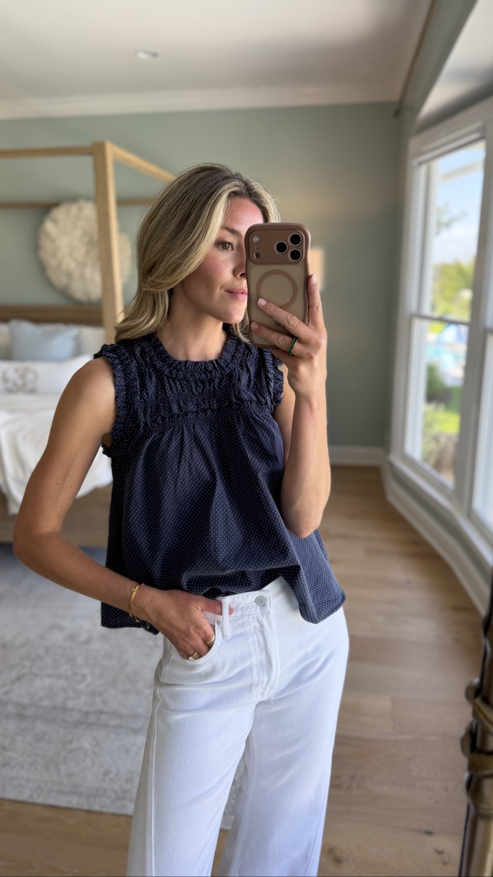a little under $150 summer haul featuring so many good new arrivals ✨ think easy throw-on pieces, elevated basics, fun textures, and outfits that work for everything from summer weekends to vacation packing to everyday wear. i’m especially loving the mix of breezy tops, lightweight separates, denim, and pieces that feel polished but still effortless.

sizing notes: wearing a size small in the navy dot top, crochet sweater, fringe button top, and block print top + skirt set (could have done an XS — definitely size down on this one!), size XS in the white embroidered top + green linen pants, size 0 in the white shorts, size 25 in the white jeans, and size 26 in the denim shorts. 

 #LTKgrwm #LTKootd #LTKSeasonal