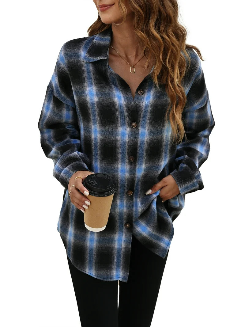 Fantaslook Plaid Flannel Shirts for Women Oversized Long Sleeve Button Down Shirts Blouses Tops | Walmart (US)