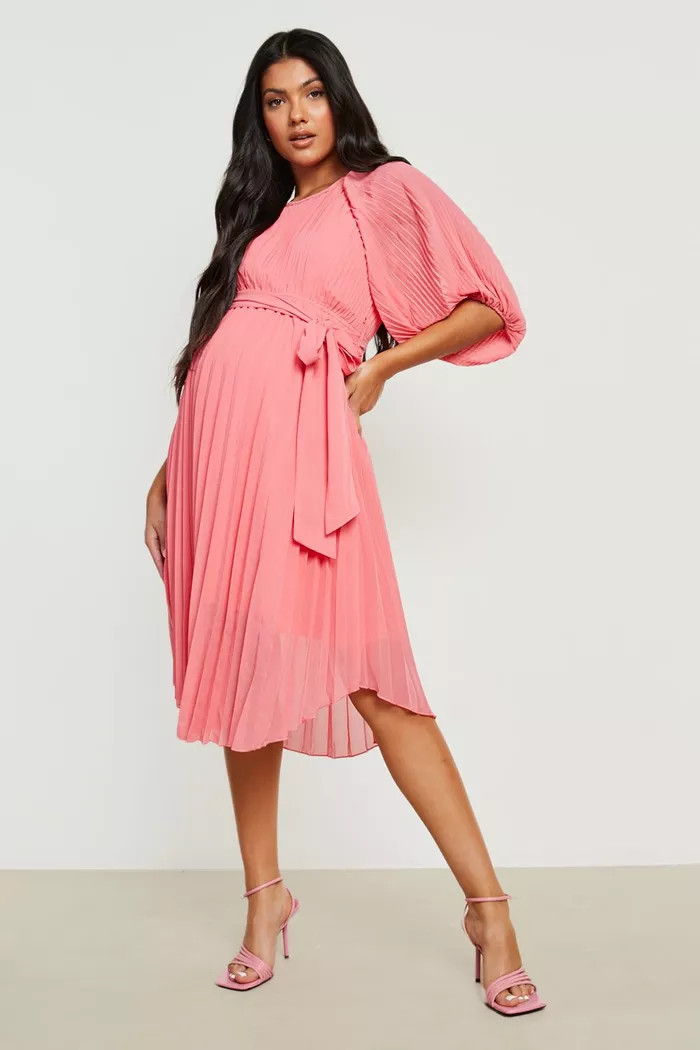 Maternity Pleated Puff Sleeve Midi Dress | Boohoo.com (US & CA)