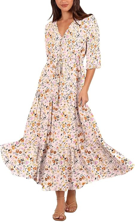 Women's Floral Print Maxi Long Dresses Deep V Neck Summer Beach Dress Half Sleeve A Line Flowy Dr... | Amazon (US)
