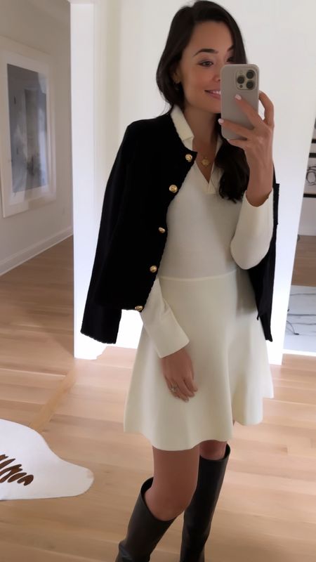 Kat Jamieson wears a collared ivory dress styled 2 different ways with a cardigan, blazer and boots. Spring outfit, winter outfit, Valentine’s Day outfit. #WalmartPartner @walmart 

#LTKfindsunder50 #LTKshoecrush #LTKSeasonal