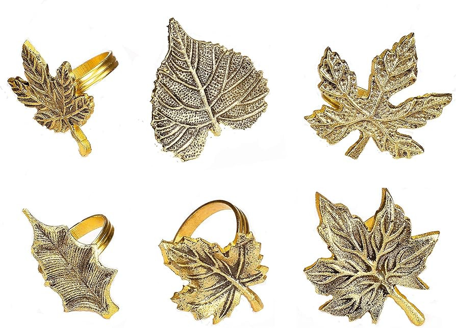 6-Piece Metal Napkin Rings - Antique Gold Harvest Leaf Napkin Rings - Decorative Table Accents fo... | Amazon (US)