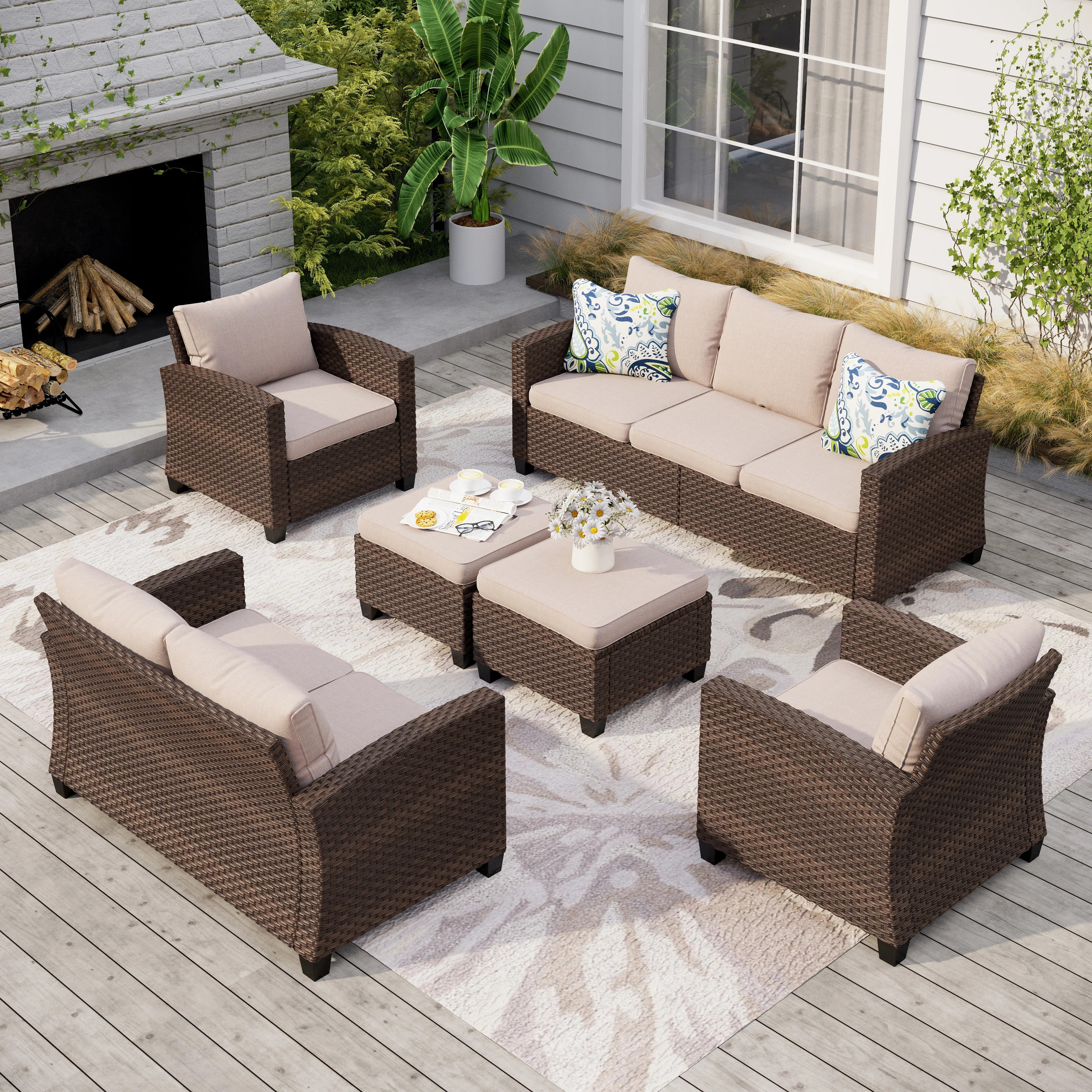Argyri 9 - Person Outdoor Wicker Patio Conversation Furniture Set with Fire Pit Table | Wayfair North America