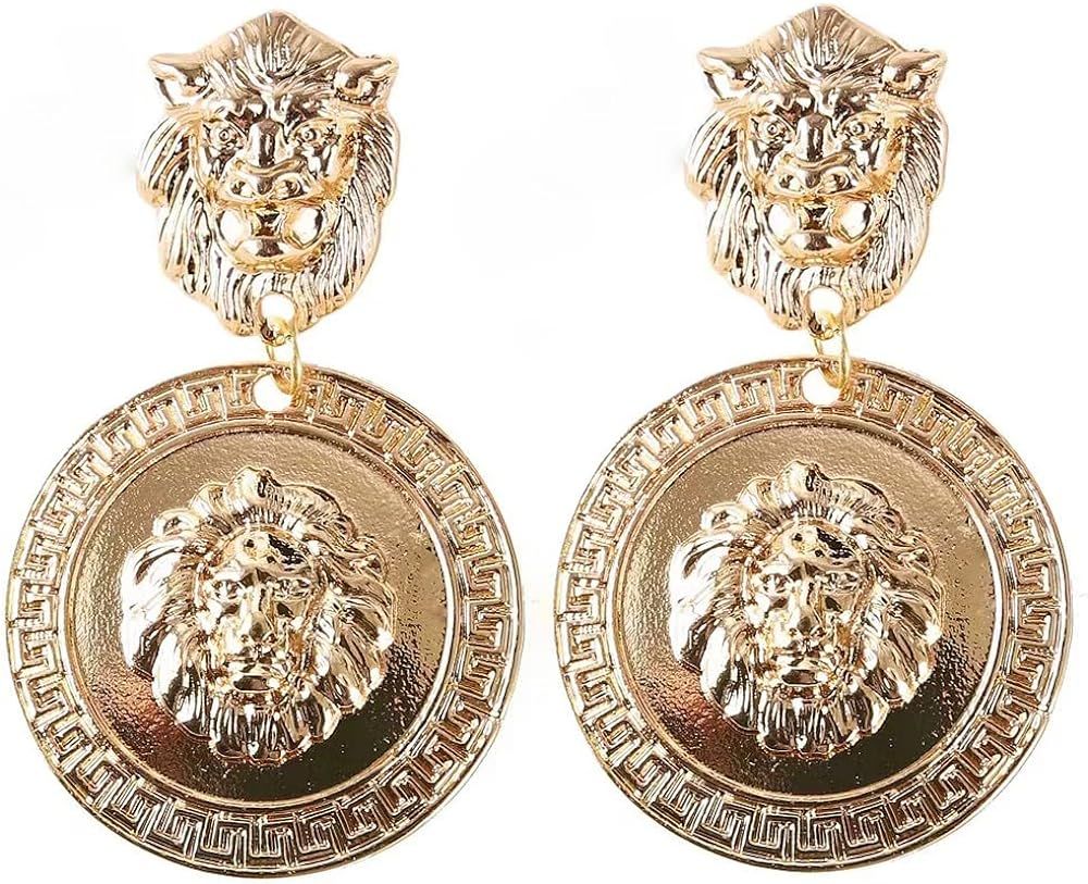 RELOVET Lion Head Earrings Vintage Statement Golden Coin Women Fashion | Amazon (US)