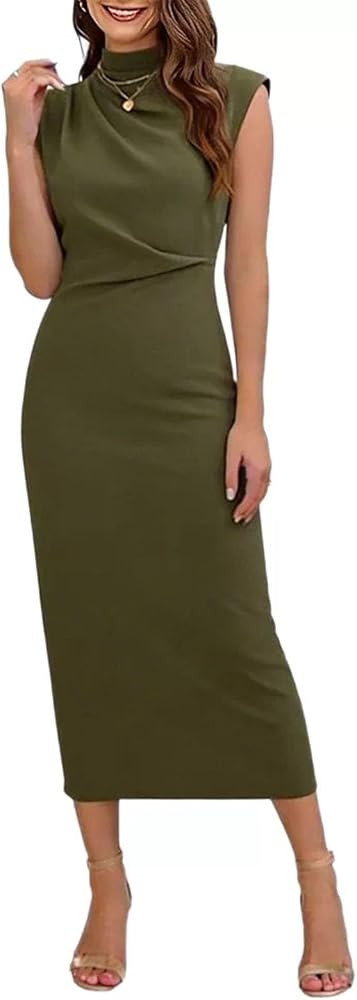 Borniu Women Bodycon Elegant Maxi Dresses Summer Casual Ruched Sleeveless Mock Neck Lightweight C... | Amazon (US)