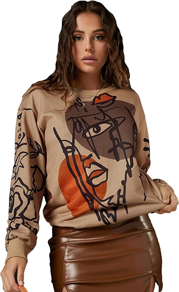 WDIRARA Women's Figure Graphic Print Sweatshirt Round Neck Long Sleeve Contrast Color Graffiti Pullo | Amazon (US)