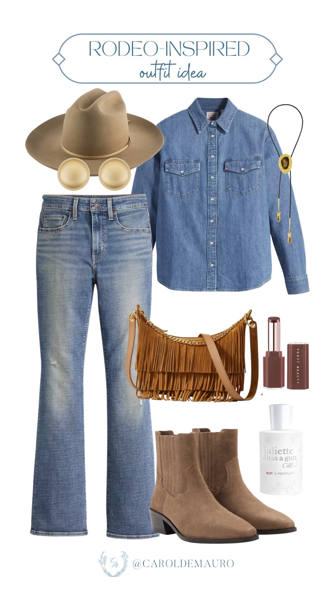 Lean into your inner cowgirl with this double-denim look that pairs classic flares with a fringe bag for the perfect rodeo vibe! Top it off with a tan felt hat and a bolo tie to keep things effortless but totally on-theme.

western chic, cowgirl core, country concert, fringe bag, rodeo outfit, western fashion, outfit inspo, how to style

#LTKootd #LTKU #LTKSeasonal