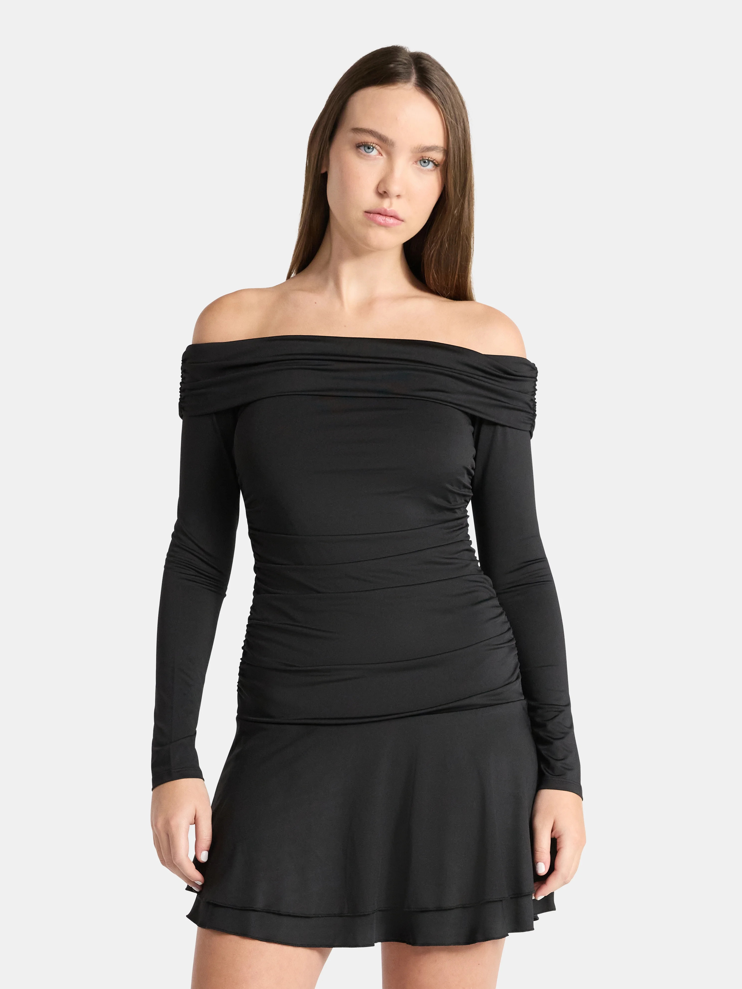 No Boundaries Off-The-Shoulder Mini Dress with Long Sleeves, Women's - Walmart.com | Walmart (US)