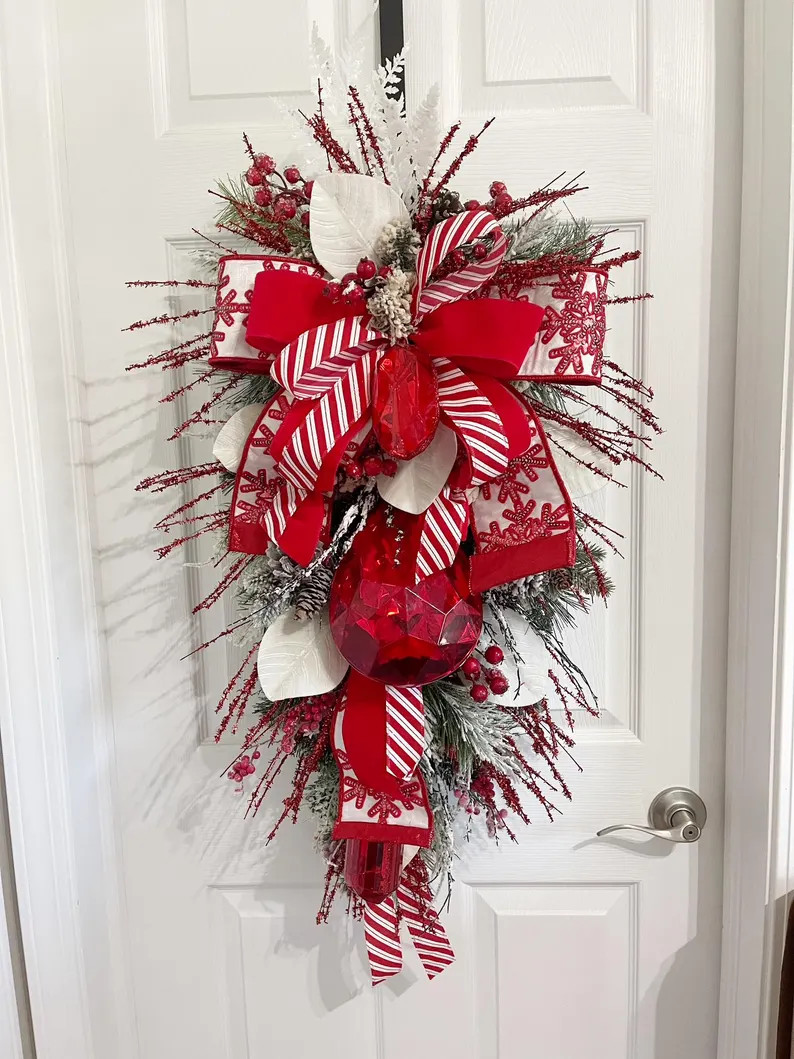 Stunning Red and White Christmas Door Swag, Large Red Gem Holiday Swag, Christmas Door Swag, Pine... | Etsy (Global)