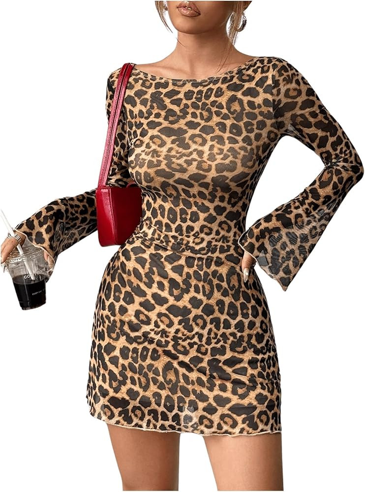 MakeMeChic Women's Leopard Print Dress Y2k Backless Mesh Bell Sleeve Mini Cheetah Print Dress | Amazon (US)